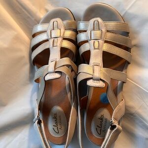 Clarks Artisan Strappy Metallic Taupe Sandals